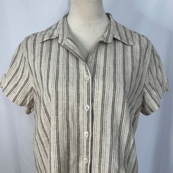 Cappagallo Linen Blend Button Down Shirt Striped Embroidered Short Sleeve Medium - Picture 2 of 10